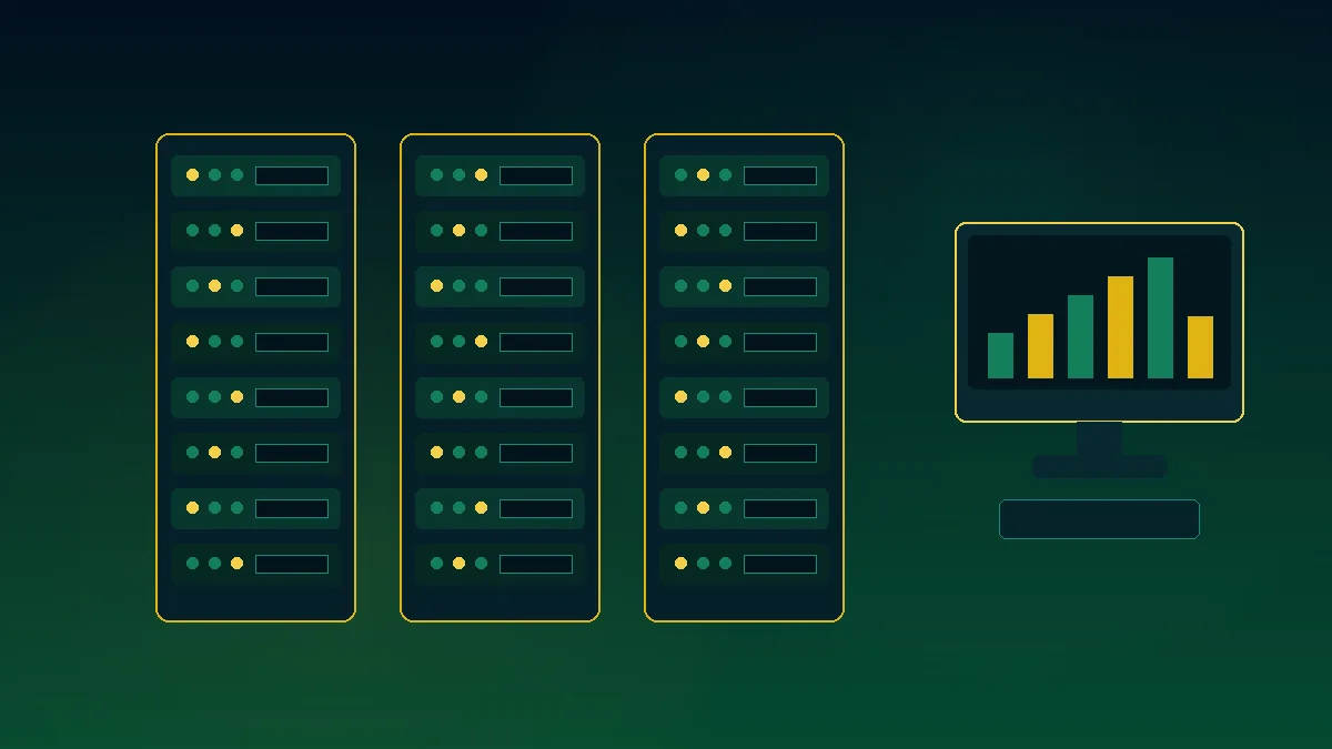 Stylized server racks and workstation monitoring dashboard